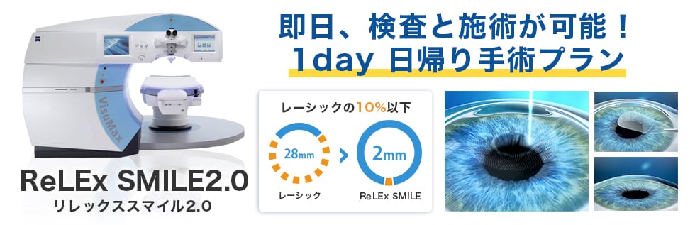 即日、検査と施術が可能! 1day 日帰り手術プラン ReLEx SMILE 2.0（リレックススマイル2.0）レーシックの10%以下 レーシック→28mm ReLEx SMILE→2mm